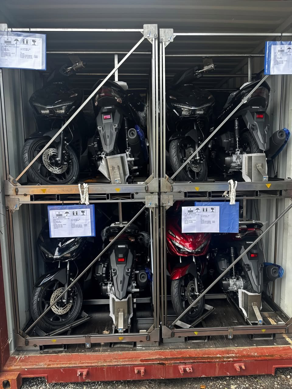 Honda motorcycles crated and containerised, inbound to the Cook Islands.