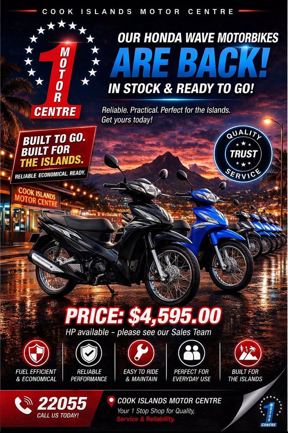 Cook Islands Motor Centre Honda Wave campaign flyer.